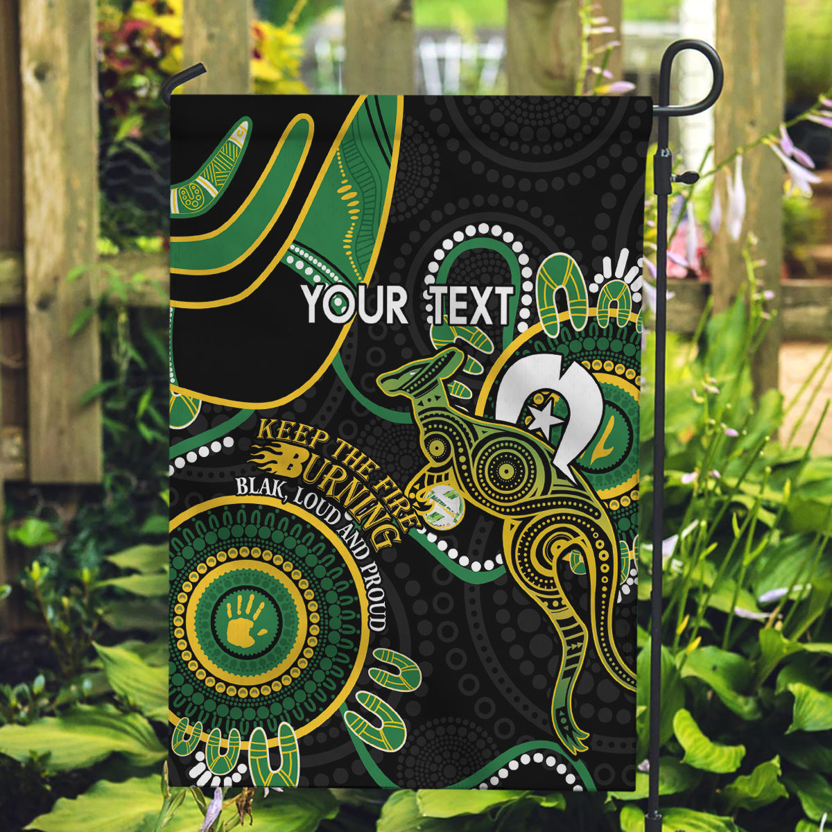 Custom Matildas NAIDOC Week Garden Flag Australia Kangaroo Keep The Fire Burning - Black