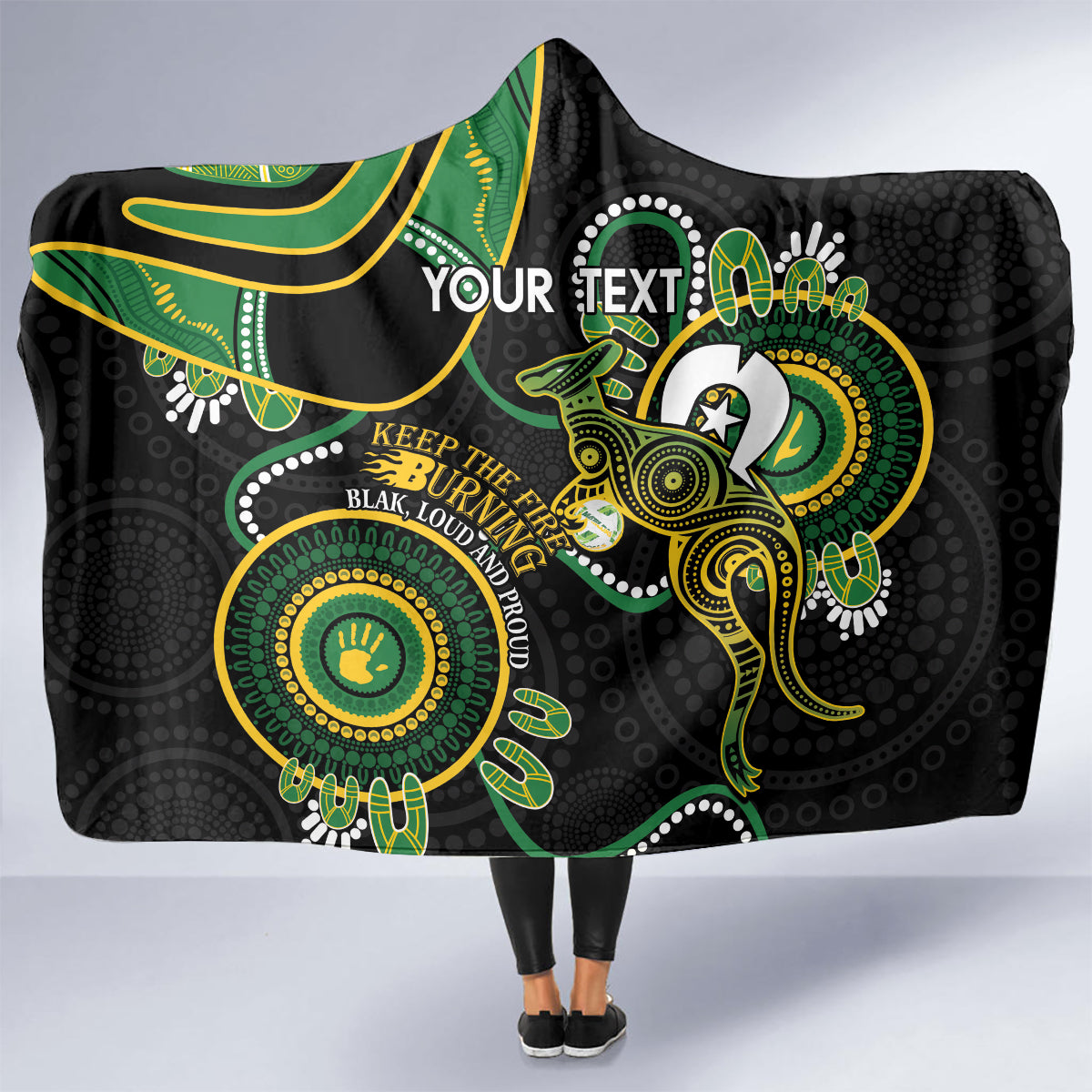 Custom Matildas NAIDOC Week Hooded Blanket Australia Kangaroo Keep The Fire Burning - Black