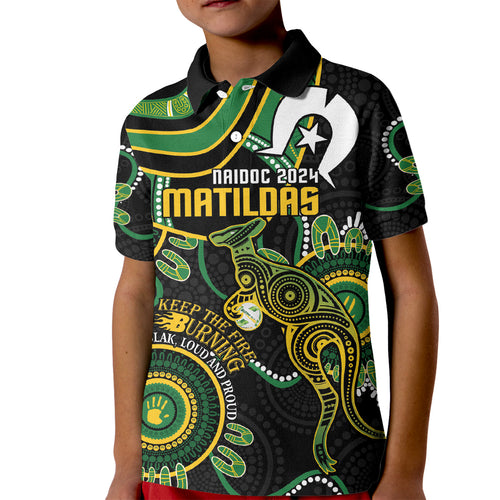 Custom Matildas NAIDOC Week Kid Polo Shirt Australia Kangaroo Keep The Fire Burning - Black
