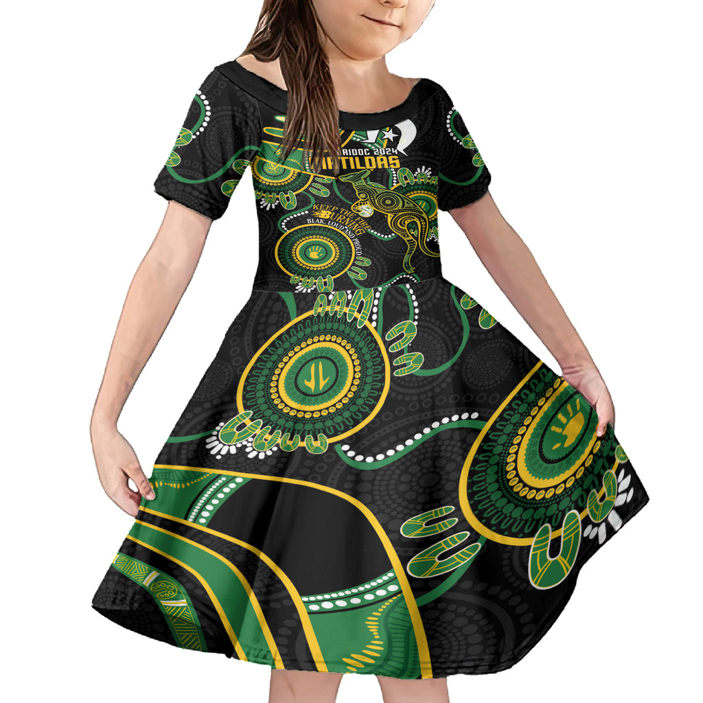 Custom Matildas NAIDOC Week Kid Short Sleeve Dress Australia Kangaroo Keep The Fire Burning - Black