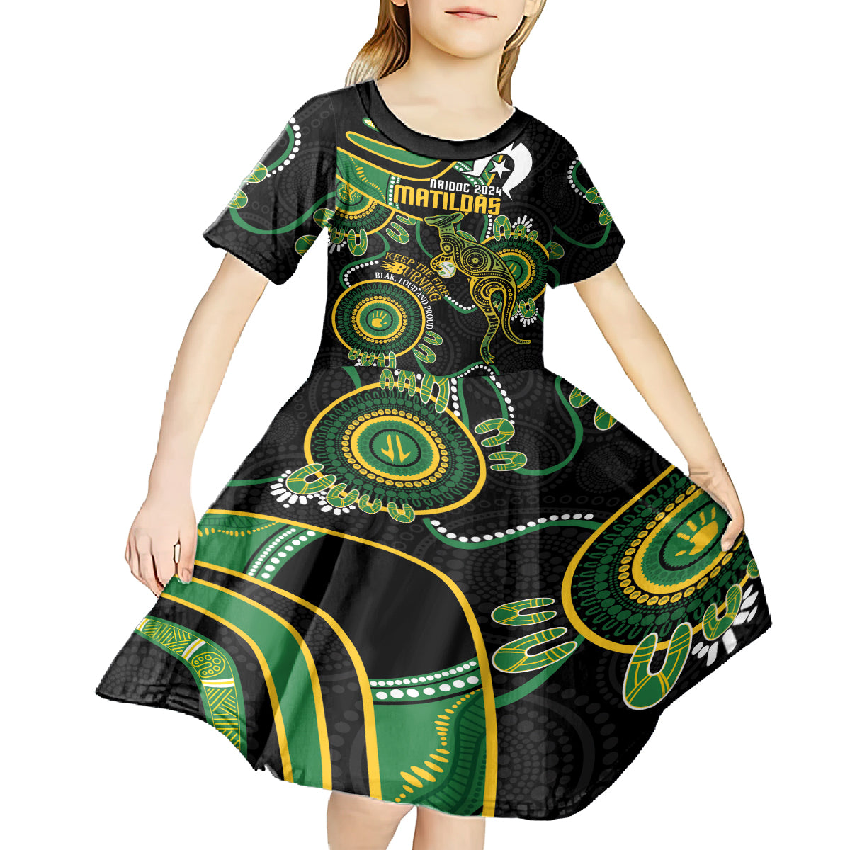 Custom Matildas NAIDOC Week Kid Short Sleeve Dress Australia Kangaroo Keep The Fire Burning - Black