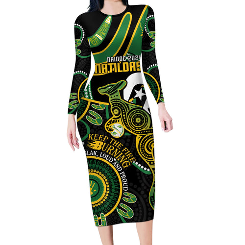 Custom Matildas NAIDOC Week Long Sleeve Bodycon Dress Australia Kangaroo Keep The Fire Burning - Black