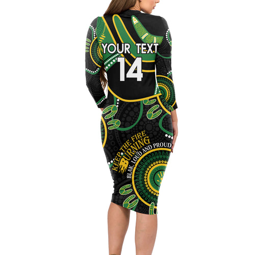 Custom Matildas NAIDOC Week Long Sleeve Bodycon Dress Australia Kangaroo Keep The Fire Burning - Black