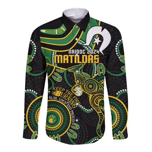 Custom Matildas NAIDOC Week Long Sleeve Button Shirt Australia Kangaroo Keep The Fire Burning - Black