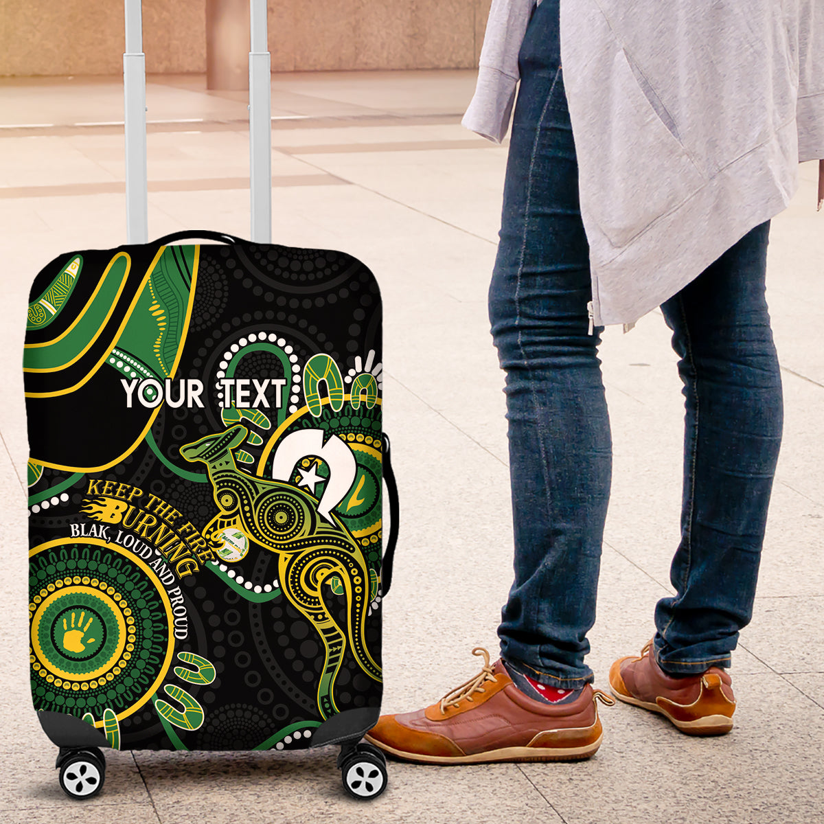 Custom Matildas NAIDOC Week Luggage Cover Australia Kangaroo Keep The Fire Burning - Black