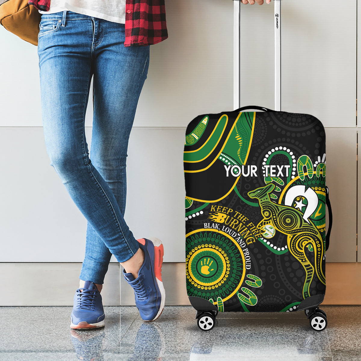 Custom Matildas NAIDOC Week Luggage Cover Australia Kangaroo Keep The Fire Burning - Black