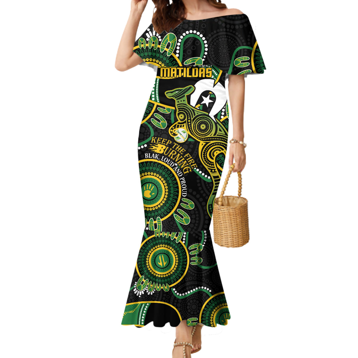 Custom Matildas NAIDOC Week Mermaid Dress Australia Kangaroo Keep The Fire Burning - Black