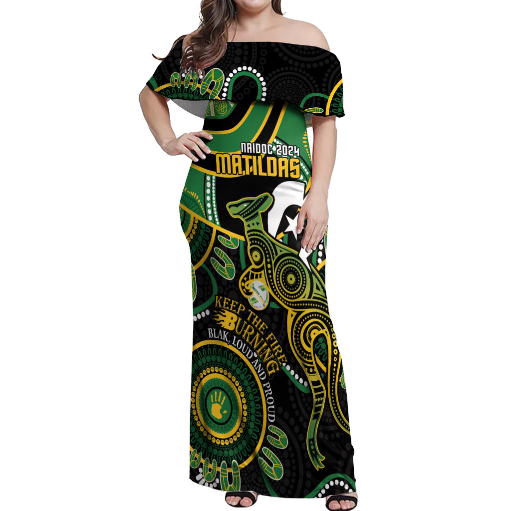 Custom Matildas NAIDOC Week Off Shoulder Maxi Dress Australia Kangaroo Keep The Fire Burning - Black