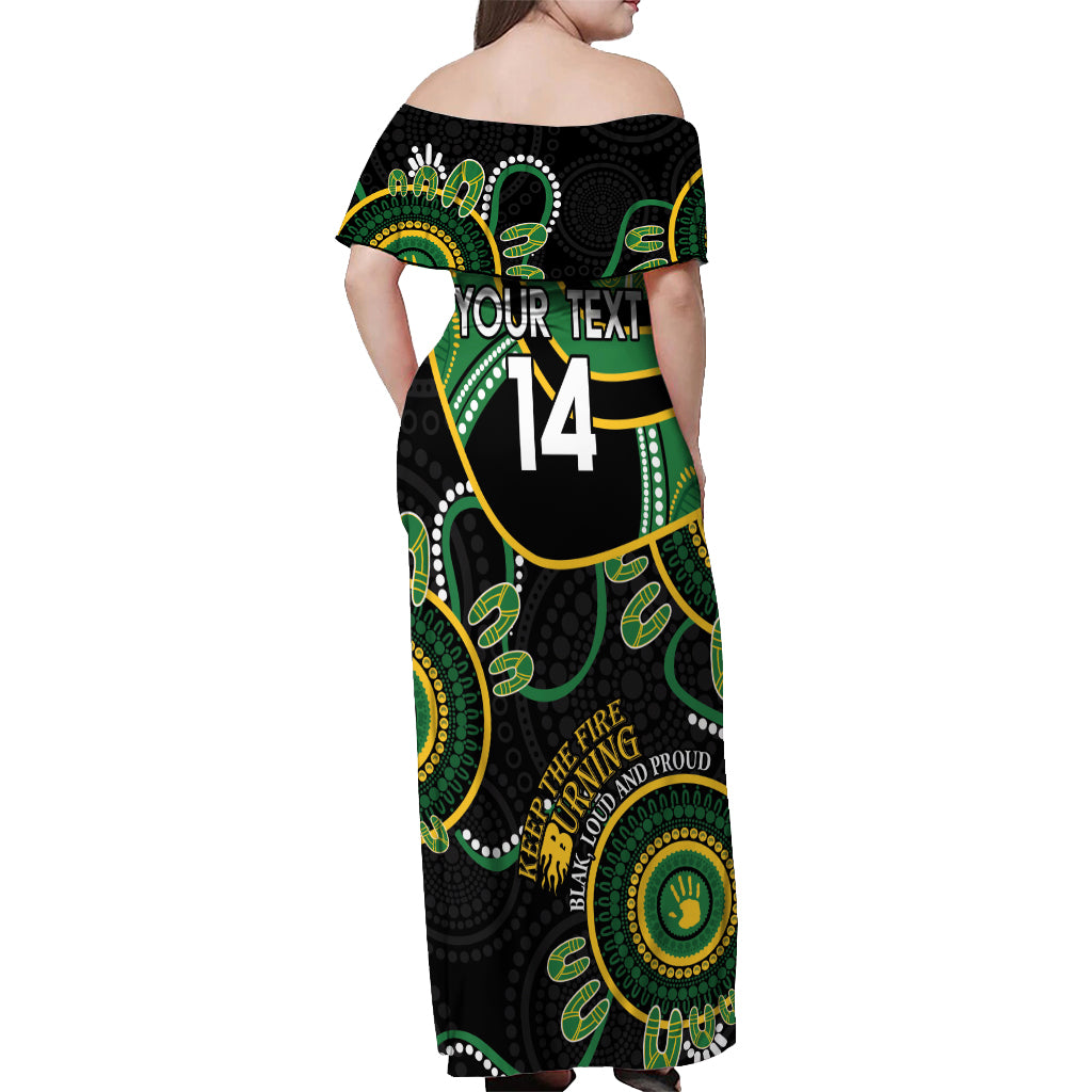 Custom Matildas NAIDOC Week Off Shoulder Maxi Dress Australia Kangaroo Keep The Fire Burning - Black