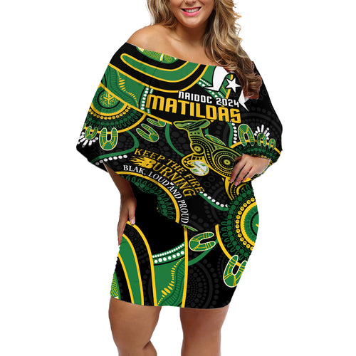 Custom Matildas NAIDOC Week Off Shoulder Short Dress Australia Kangaroo Keep The Fire Burning - Black