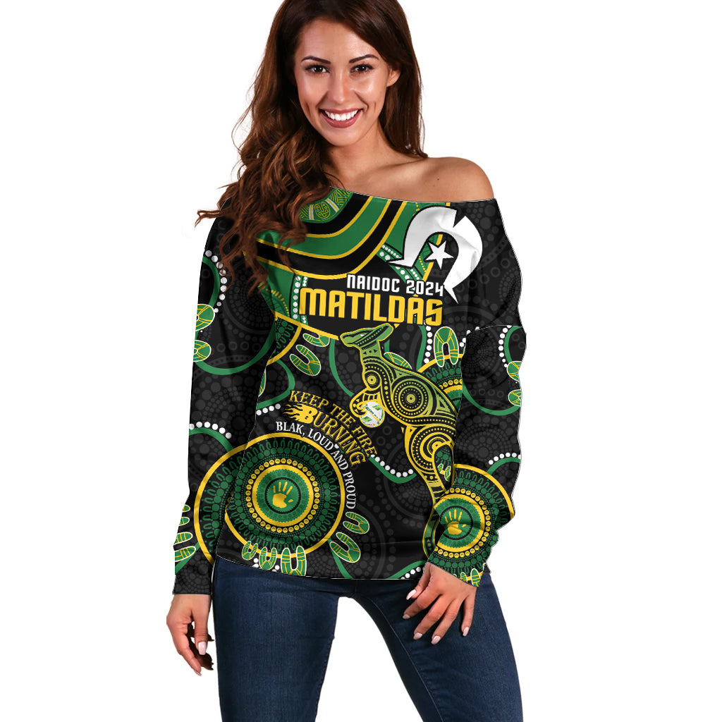 Custom Matildas NAIDOC Week Off Shoulder Sweater Australia Kangaroo Keep The Fire Burning - Black