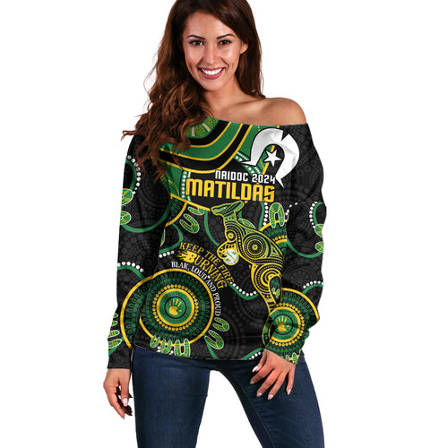 Custom Matildas NAIDOC Week Off Shoulder Sweater Australia Kangaroo Keep The Fire Burning - Black