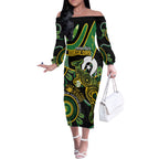 Custom Matildas NAIDOC Week Off The Shoulder Long Sleeve Dress Australia Kangaroo Keep The Fire Burning - Black