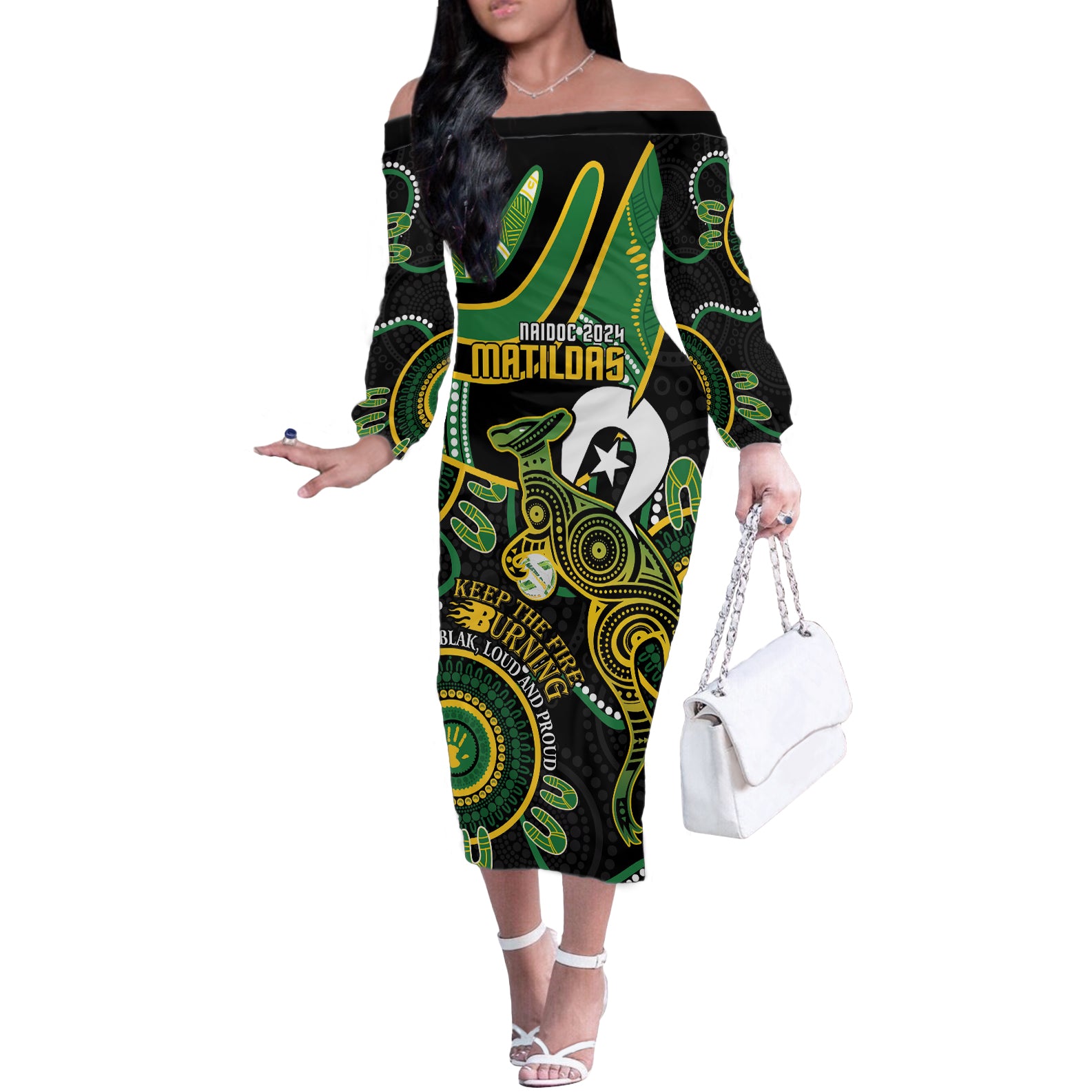 Custom Matildas NAIDOC Week Off The Shoulder Long Sleeve Dress Australia Kangaroo Keep The Fire Burning - Black