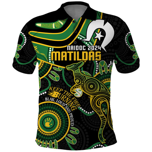 Custom Matildas NAIDOC Week Polo Shirt Australia Kangaroo Keep The Fire Burning - Black