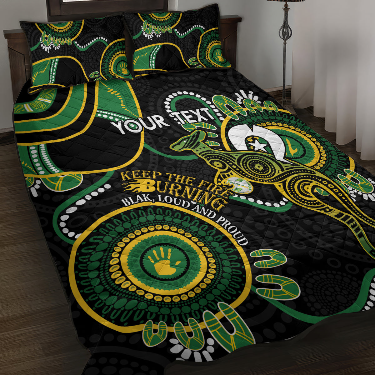 Custom Matildas NAIDOC Week Quilt Bed Set Australia Kangaroo Keep The Fire Burning - Black