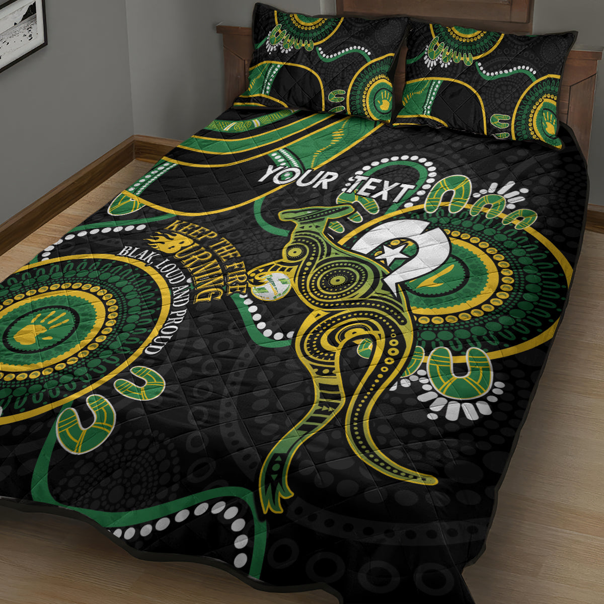 Custom Matildas NAIDOC Week Quilt Bed Set Australia Kangaroo Keep The Fire Burning - Black