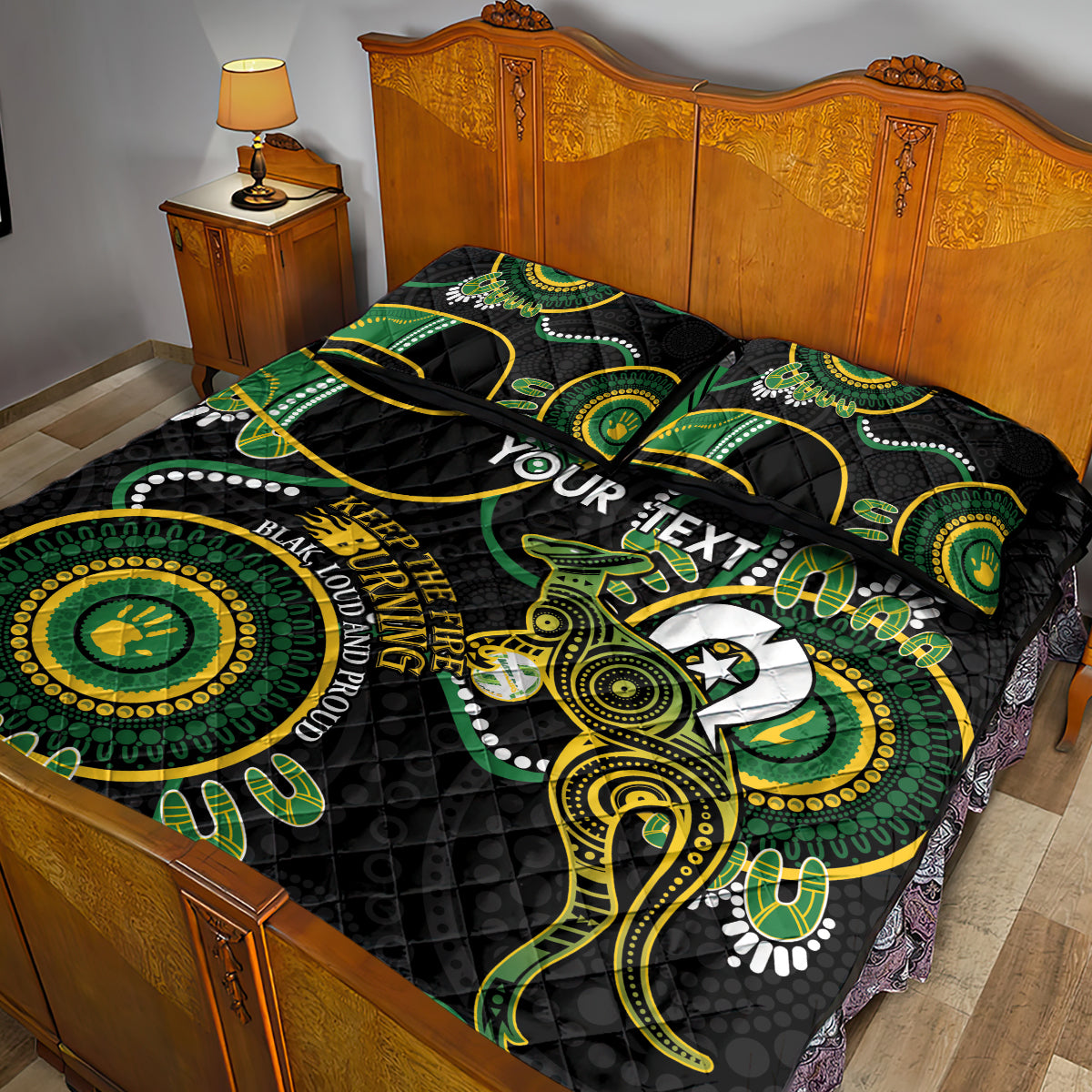 Custom Matildas NAIDOC Week Quilt Bed Set Australia Kangaroo Keep The Fire Burning - Black