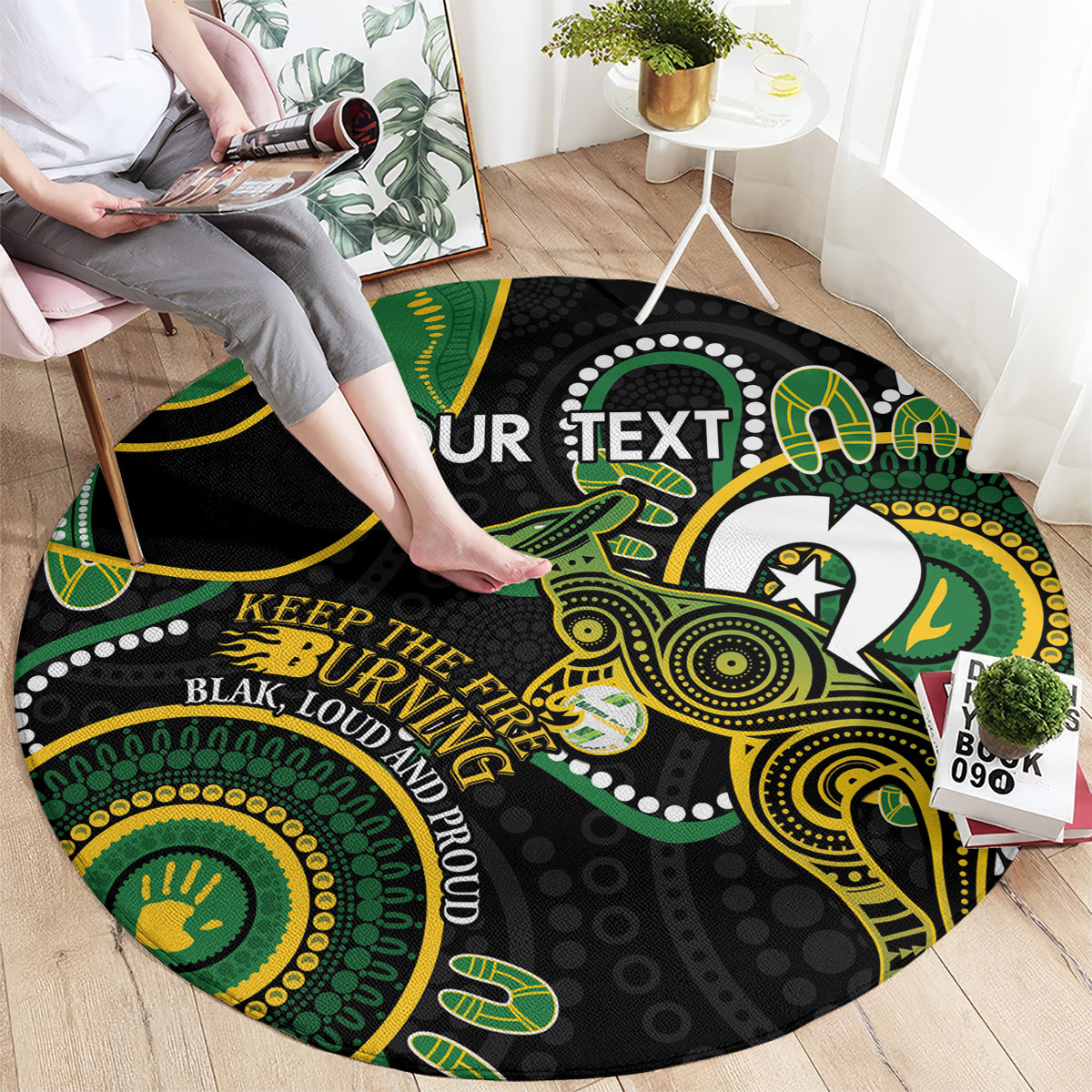 Custom Matildas NAIDOC Week Round Carpet Australia Kangaroo Keep The Fire Burning - Black