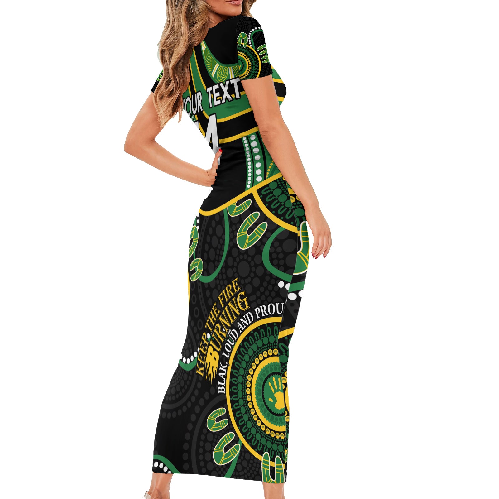 Custom Matildas NAIDOC Week Short Sleeve Bodycon Dress Australia Kangaroo Keep The Fire Burning - Black