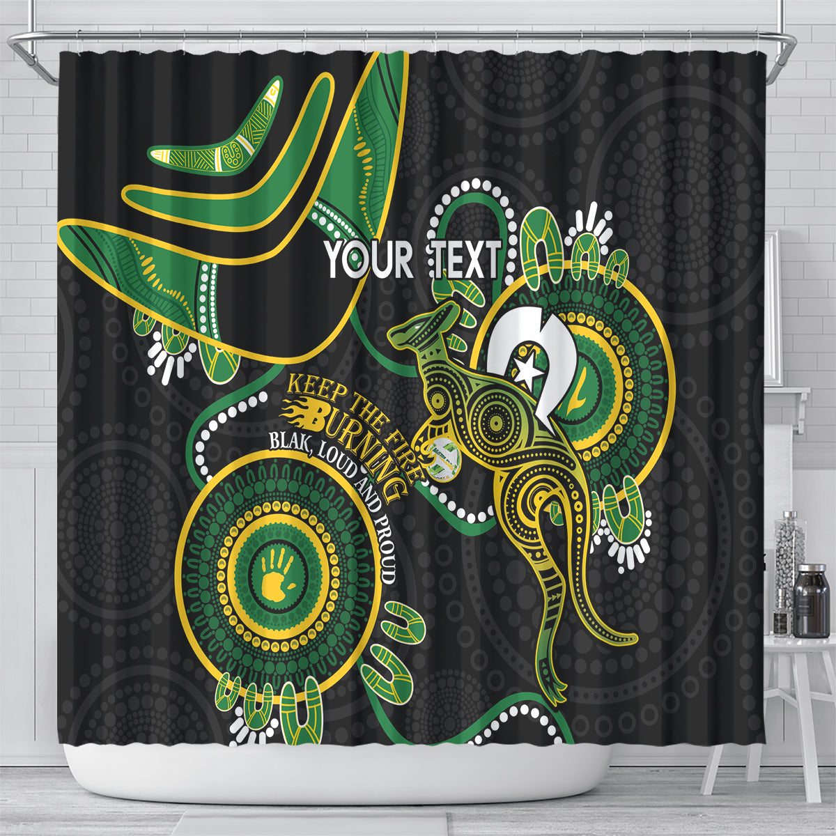 Custom Matildas NAIDOC Week Shower Curtain Australia Kangaroo Keep The Fire Burning - Black