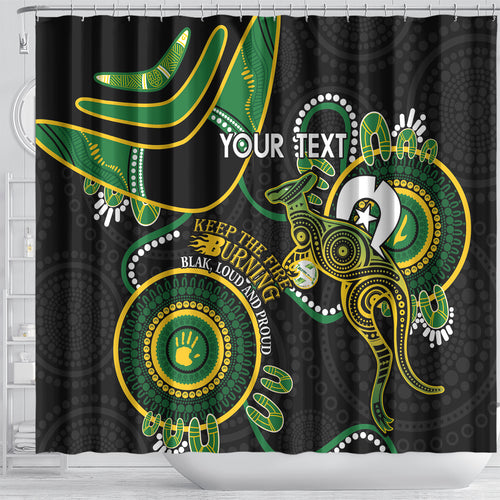 Custom Matildas NAIDOC Week Shower Curtain Australia Kangaroo Keep The Fire Burning - Black