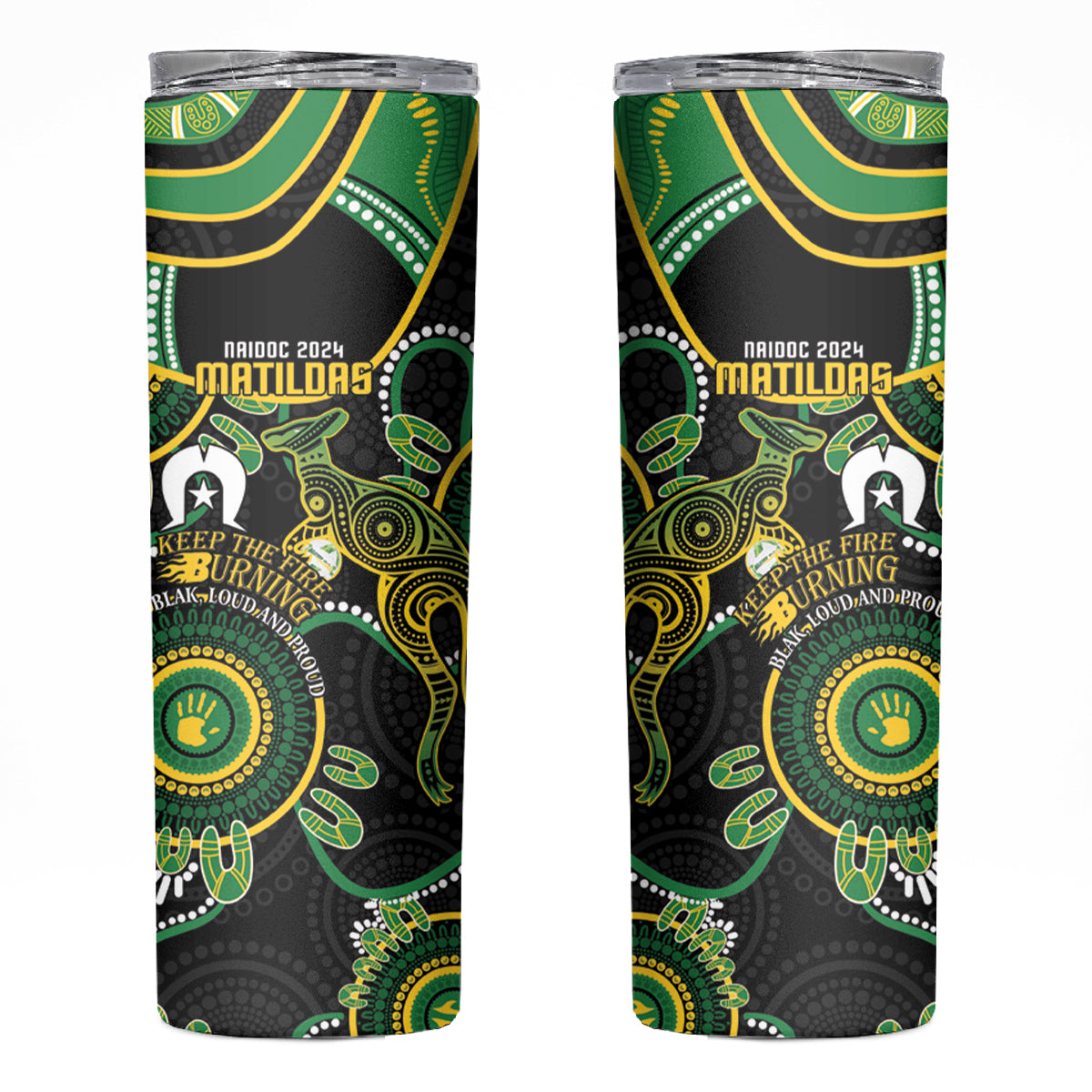Matildas NAIDOC Week Skinny Tumbler Australia Kangaroo Keep The Fire Burning - Black