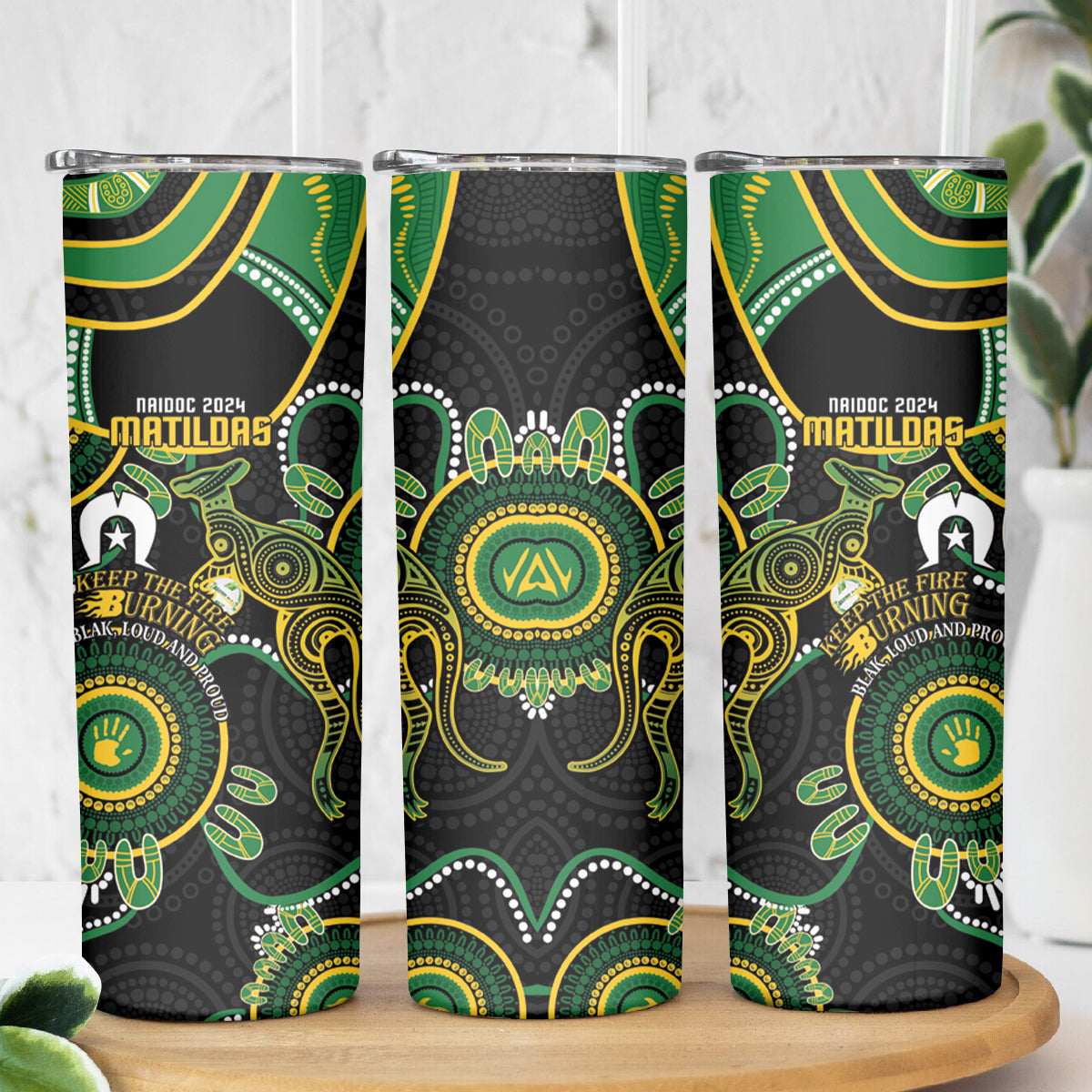 Matildas NAIDOC Week Skinny Tumbler Australia Kangaroo Keep The Fire Burning - Black
