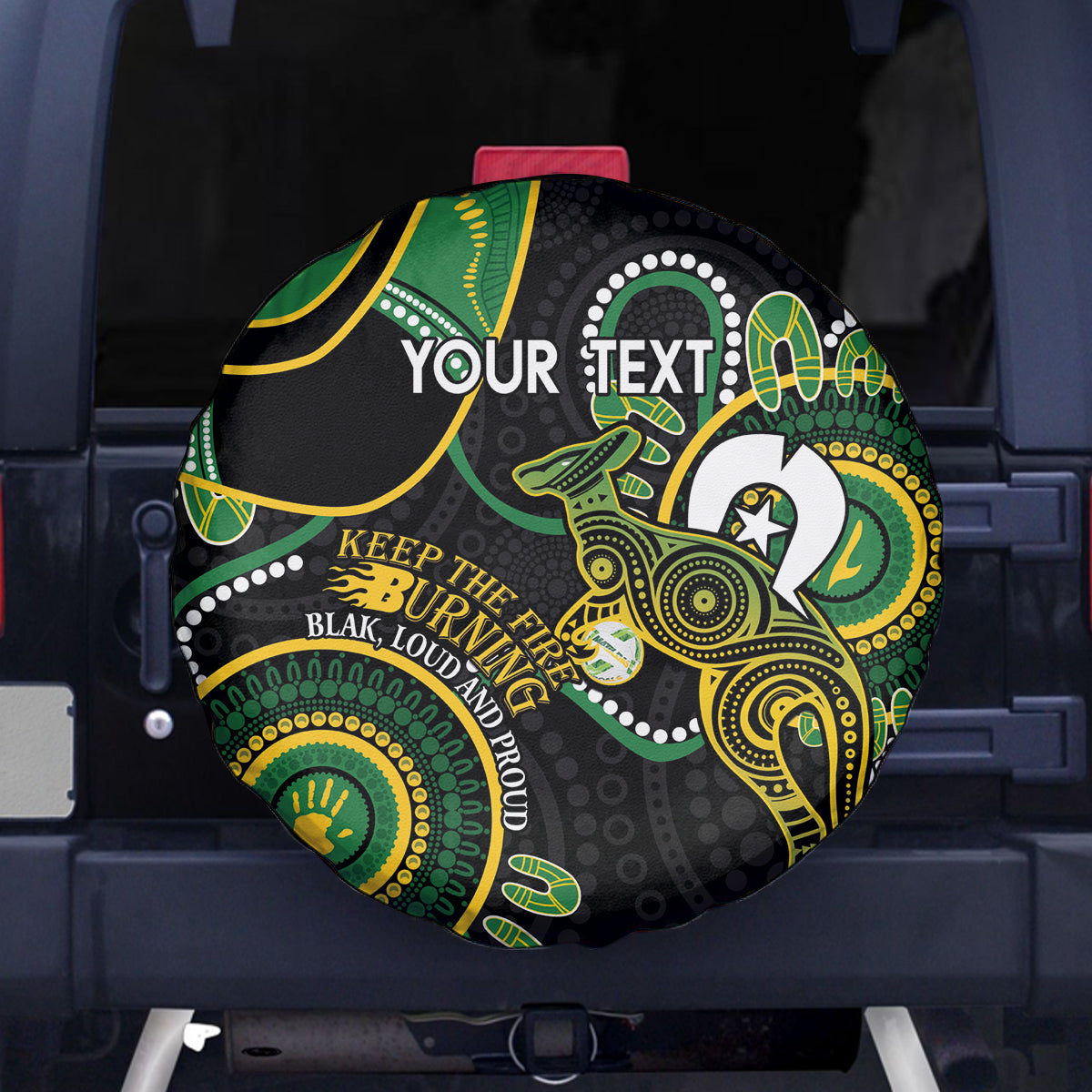 Custom Matildas NAIDOC Week Spare Tire Cover Australia Kangaroo Keep The Fire Burning - Black