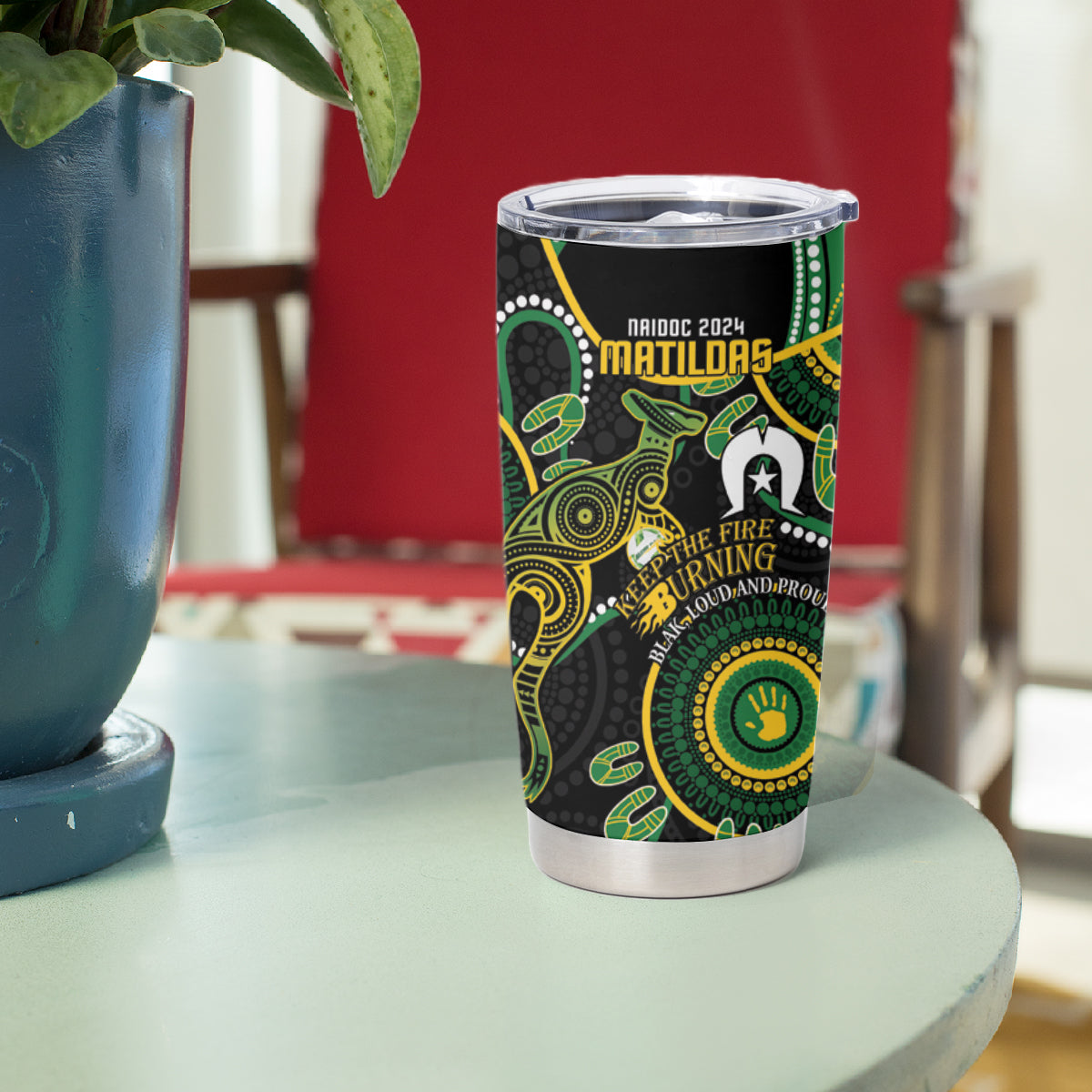 Matildas NAIDOC Week Tumbler Cup Australia Kangaroo Keep The Fire Burning - Black