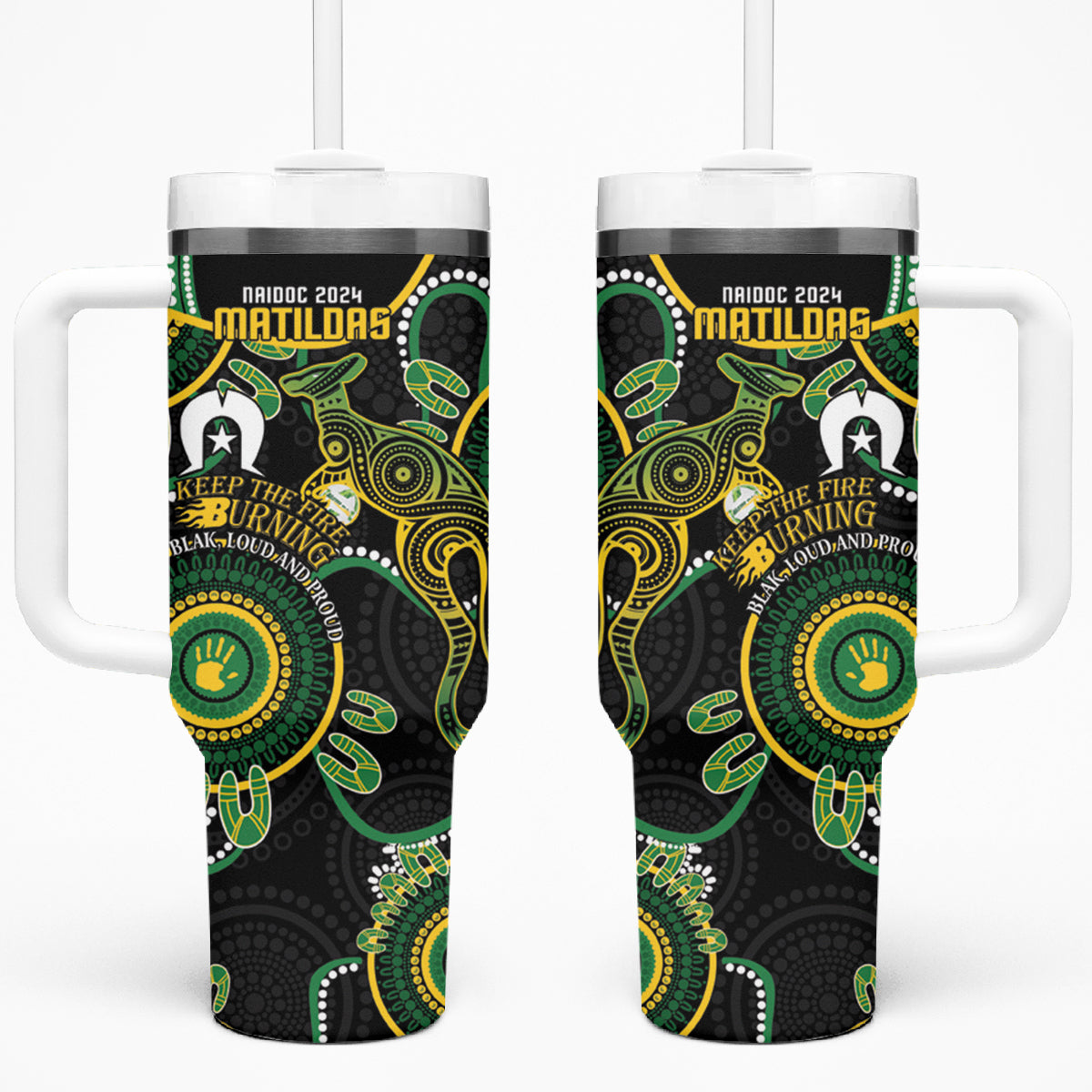 Matildas NAIDOC Week Tumbler With Handle Australia Kangaroo Keep The Fire Burning - Black