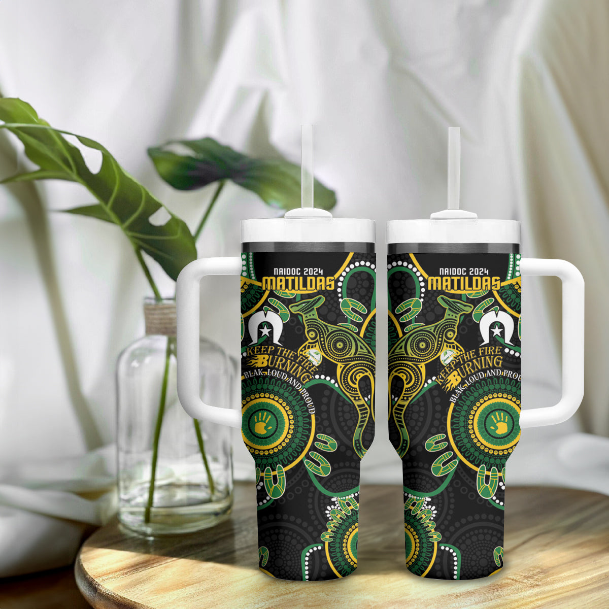 Matildas NAIDOC Week Tumbler With Handle Australia Kangaroo Keep The Fire Burning - Black