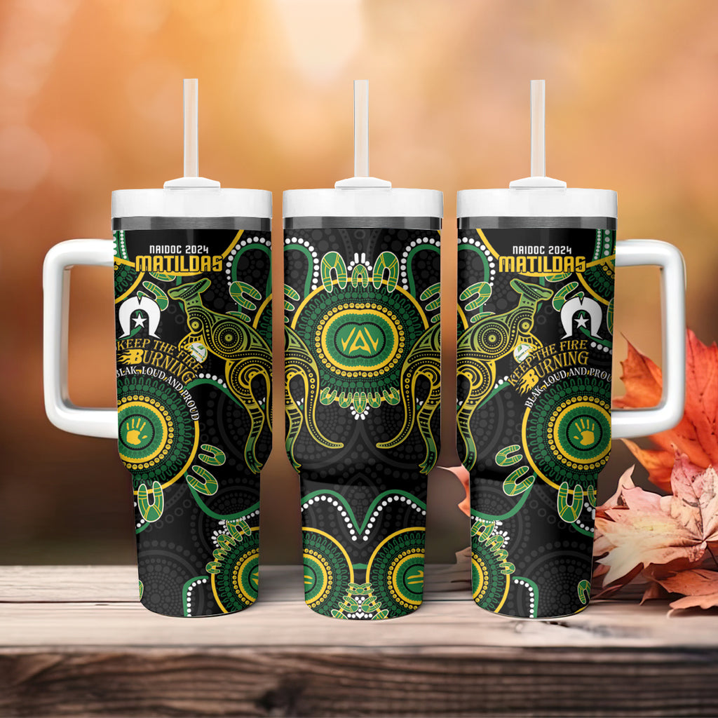 Matildas NAIDOC Week Tumbler With Handle Australia Kangaroo Keep The Fire Burning - Black