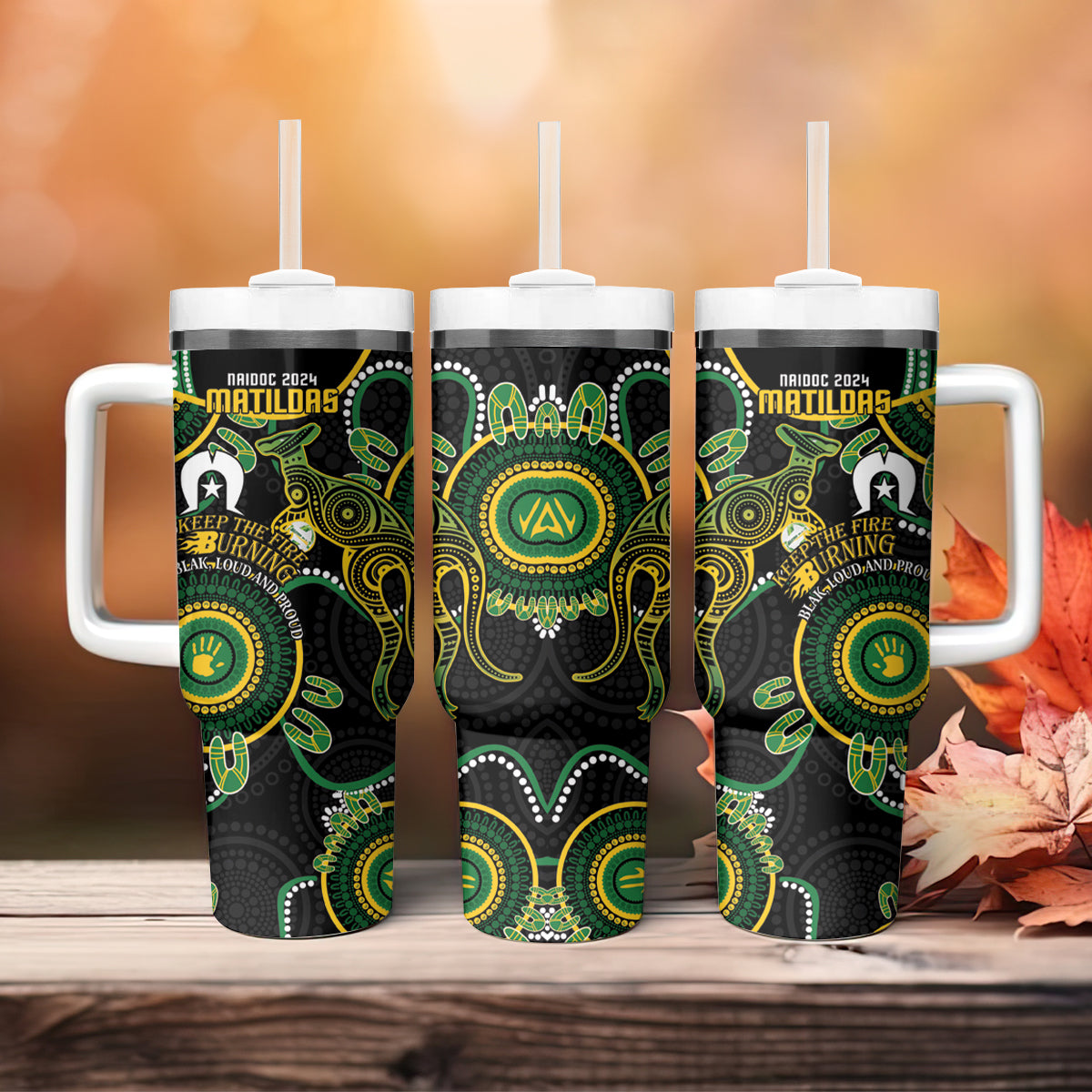 Matildas NAIDOC Week Tumbler With Handle Australia Kangaroo Keep The Fire Burning - Black