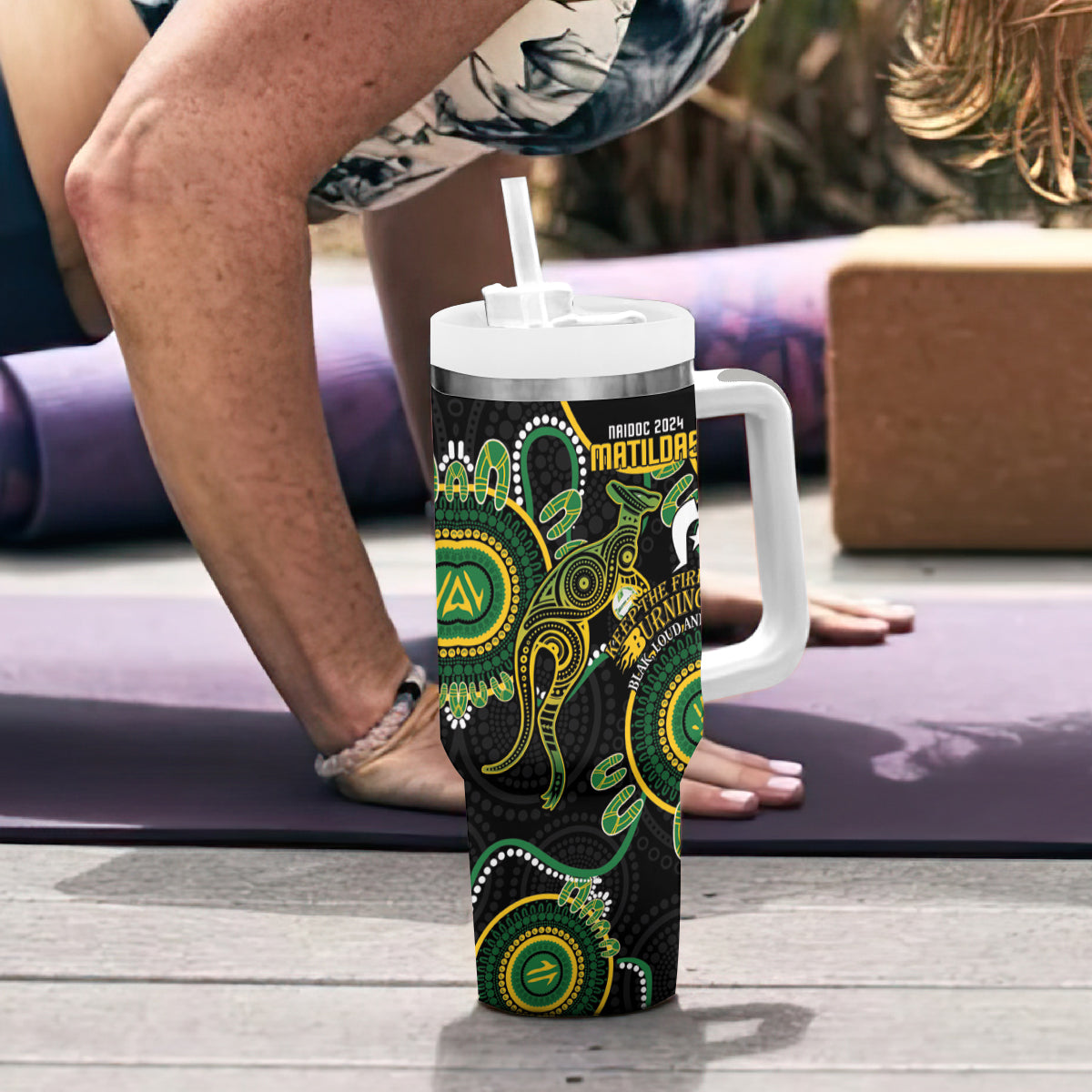 Matildas NAIDOC Week Tumbler With Handle Australia Kangaroo Keep The Fire Burning - Black