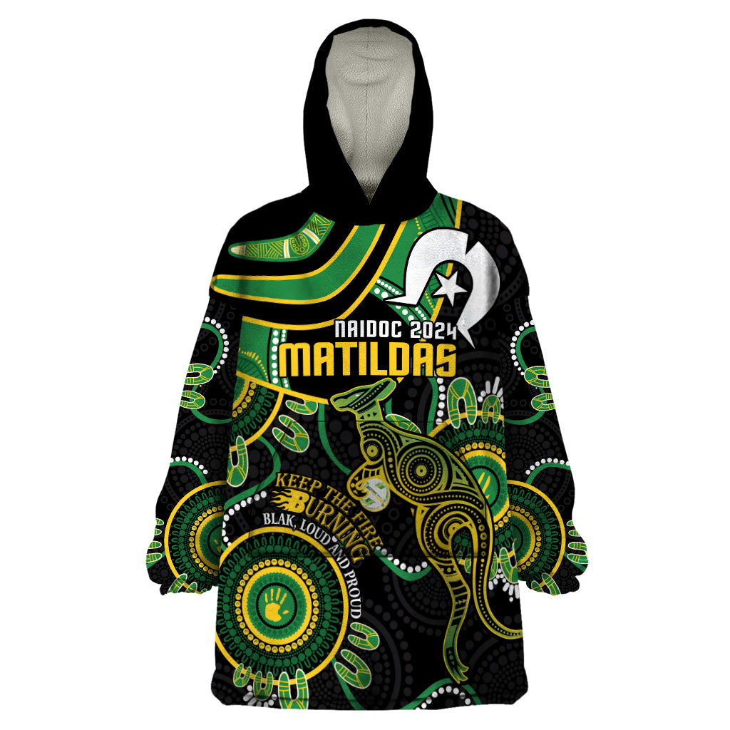 Custom Matildas NAIDOC Week Wearable Blanket Hoodie Australia Kangaroo Keep The Fire Burning - Black