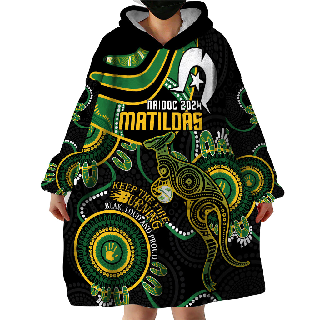 Custom Matildas NAIDOC Week Wearable Blanket Hoodie Australia Kangaroo Keep The Fire Burning - Black