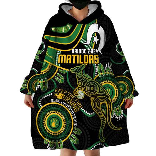 Custom Matildas NAIDOC Week Wearable Blanket Hoodie Australia Kangaroo Keep The Fire Burning - Black