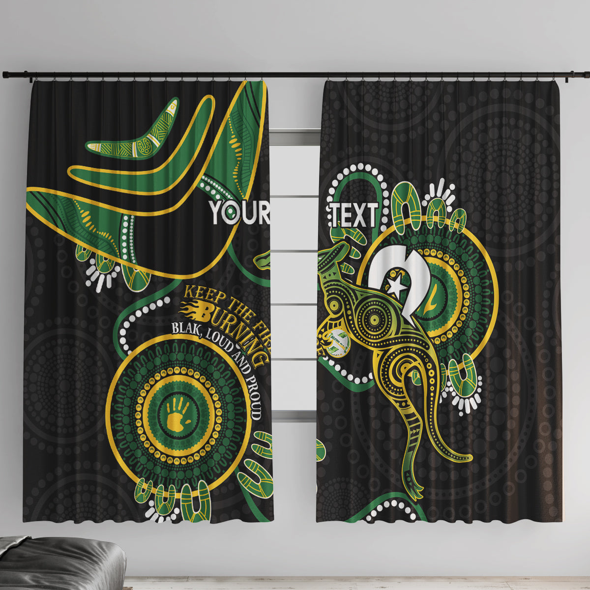 Custom Matildas NAIDOC Week Window Curtain Australia Kangaroo Keep The Fire Burning - Black