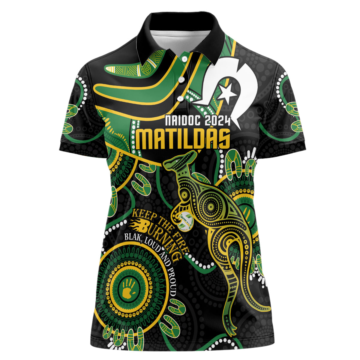 Custom Matildas NAIDOC Week Women Polo Shirt Australia Kangaroo Keep The Fire Burning - Black
