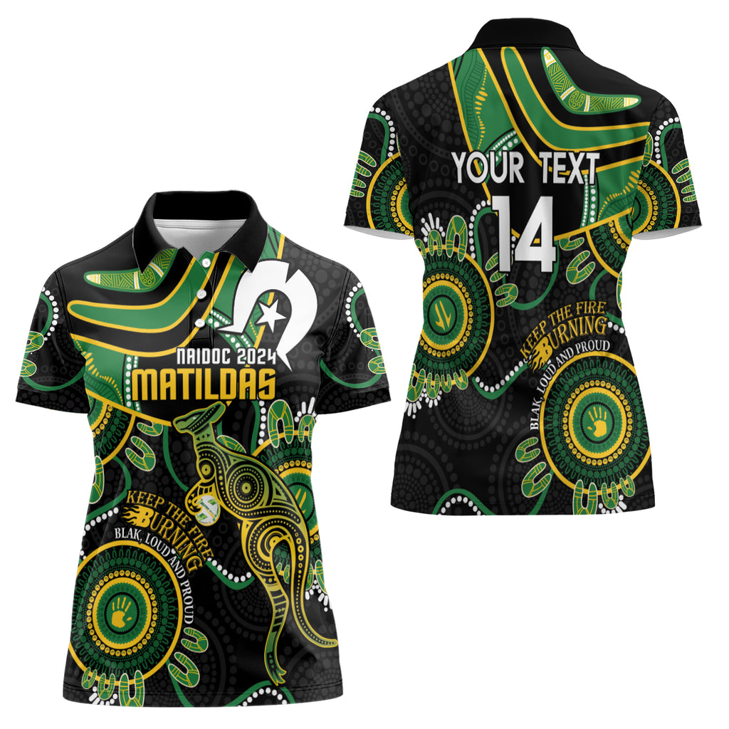 Custom Matildas NAIDOC Week Women Polo Shirt Australia Kangaroo Keep The Fire Burning - Black