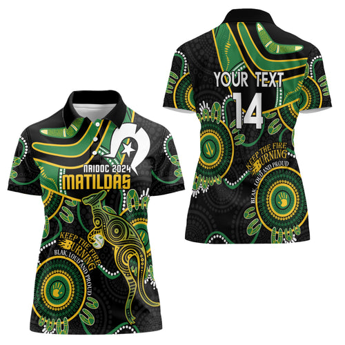 Custom Matildas NAIDOC Week Women Polo Shirt Australia Kangaroo Keep The Fire Burning - Black