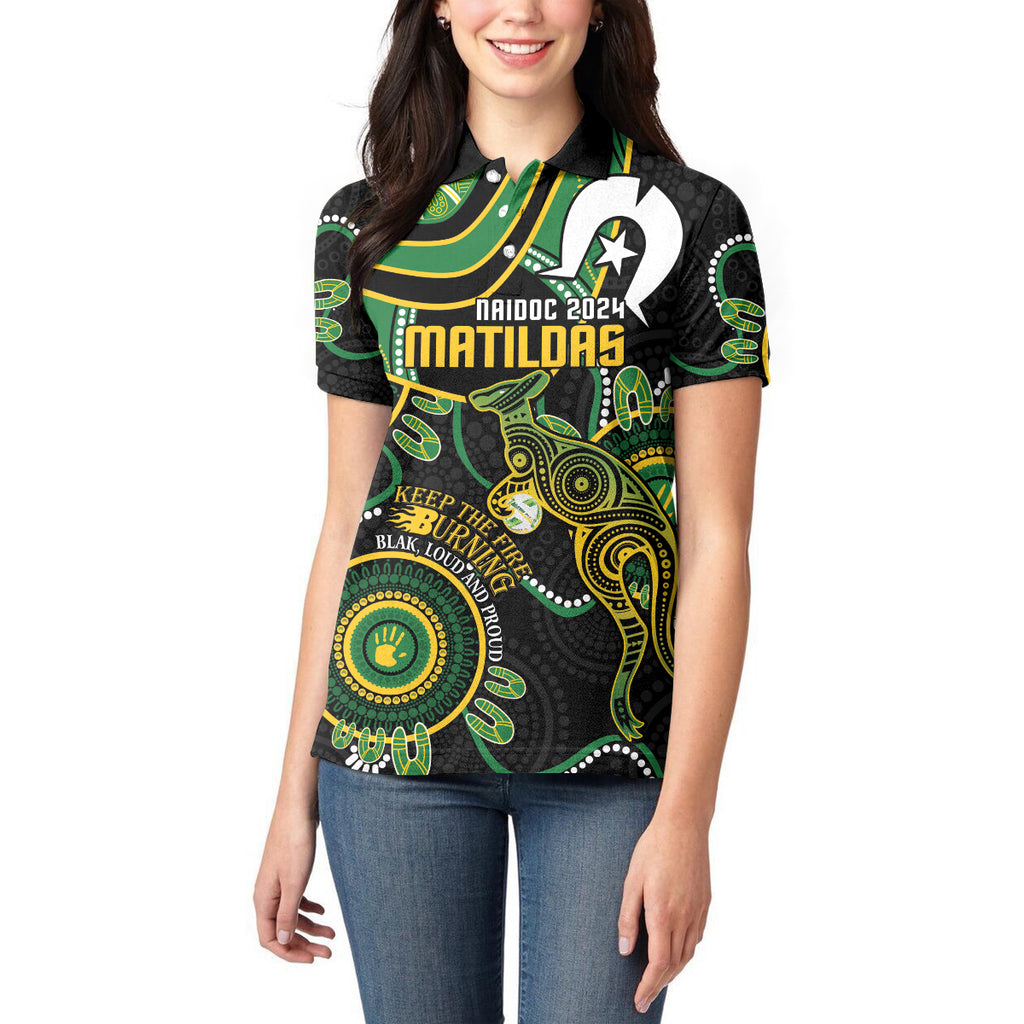 Custom Matildas NAIDOC Week Women Polo Shirt Australia Kangaroo Keep The Fire Burning - Black