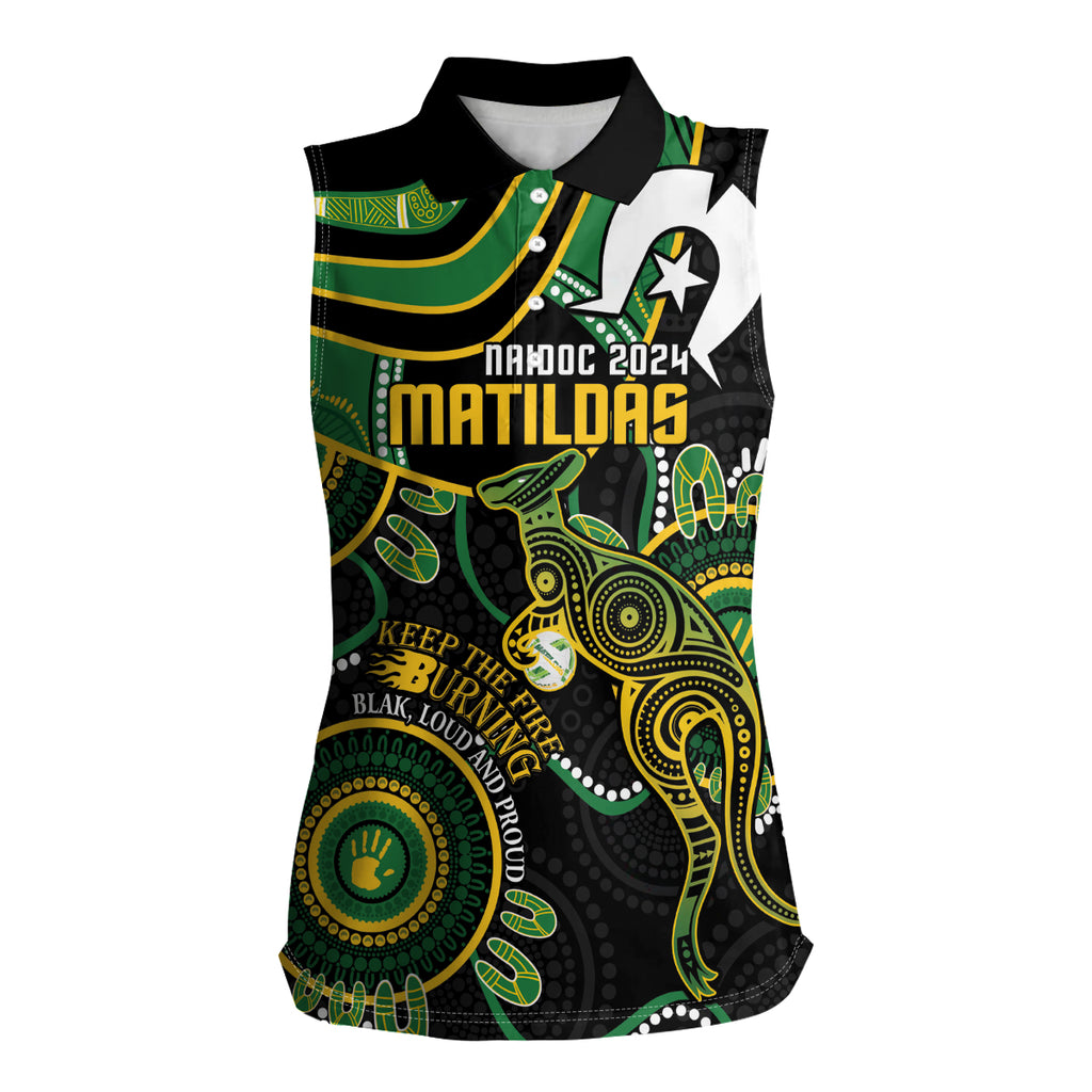 Custom Matildas NAIDOC Week Women Sleeveless Polo Shirt Australia Kangaroo Keep The Fire Burning - Black