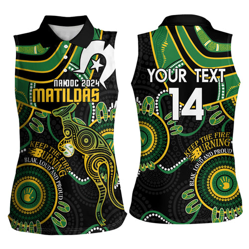 Custom Matildas NAIDOC Week Women Sleeveless Polo Shirt Australia Kangaroo Keep The Fire Burning - Black