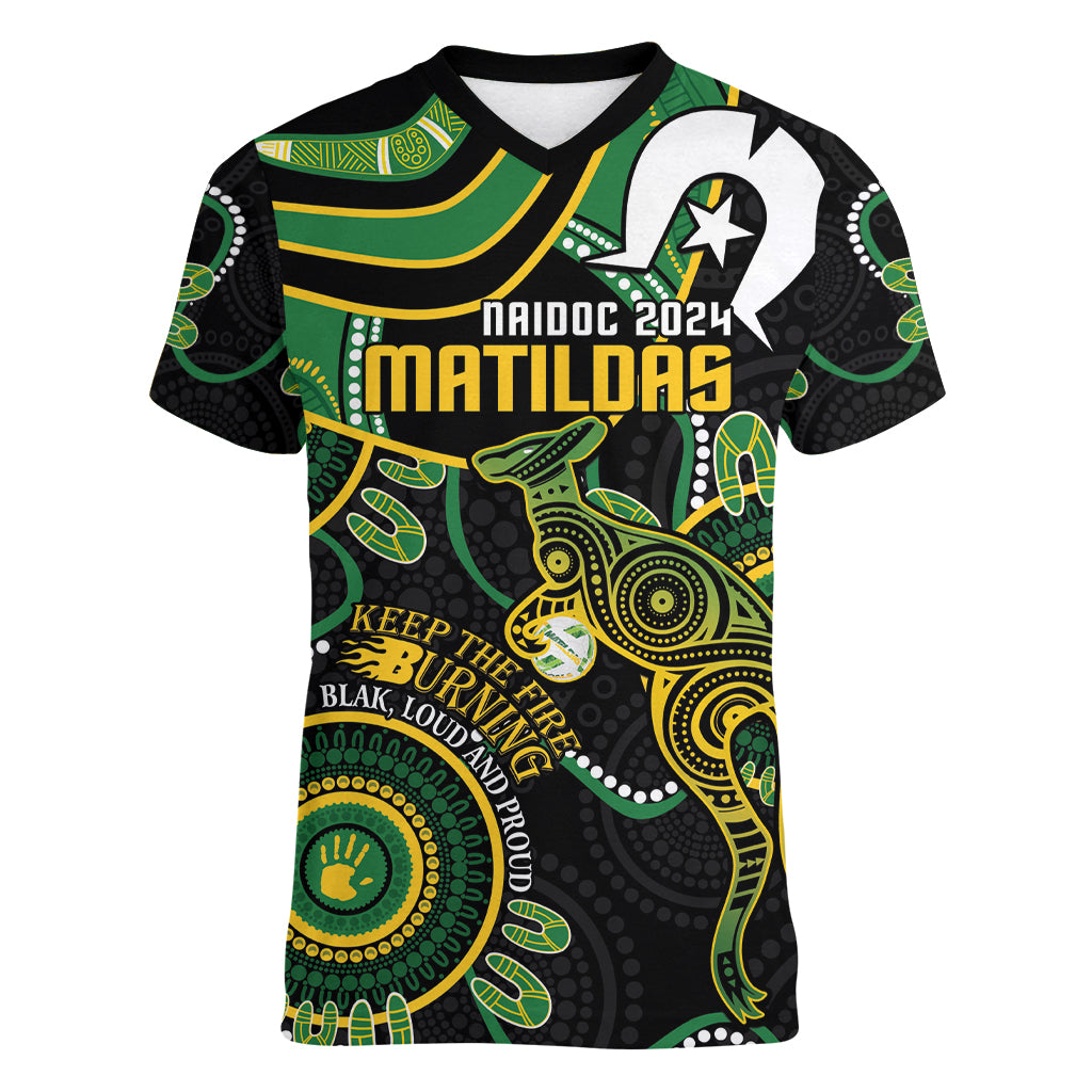 Custom Matildas NAIDOC Week Women V-Neck T-Shirt Australia Kangaroo Keep The Fire Burning - Black