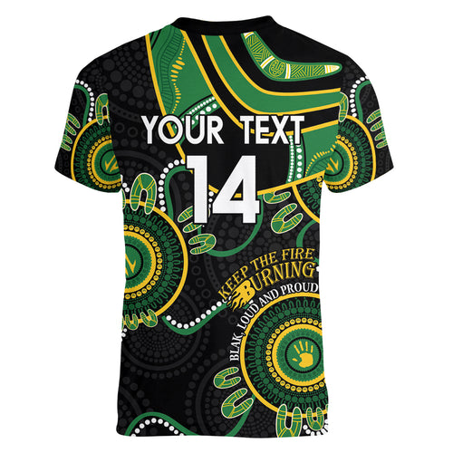 Custom Matildas NAIDOC Week Women V-Neck T-Shirt Australia Kangaroo Keep The Fire Burning - Black