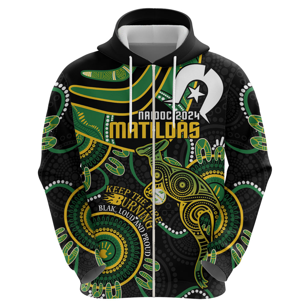 Custom Matildas NAIDOC Week Zip Hoodie Australia Kangaroo Keep The Fire Burning - Black