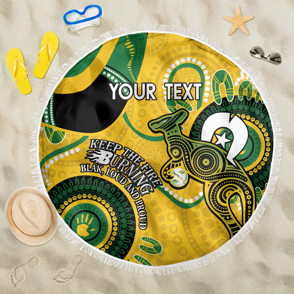 Custom Matildas NAIDOC Week Beach Blanket Australia Kangaroo Keep The Fire Burning - Yellow