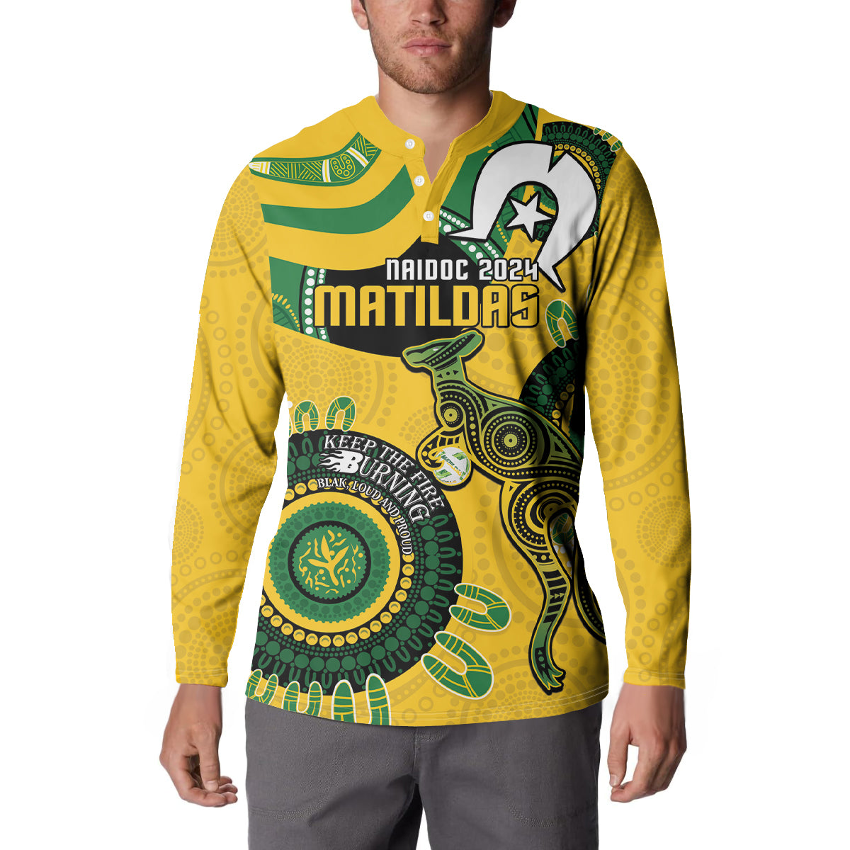 Custom Matildas NAIDOC Week Button Sweatshirt Australia Kangaroo Keep The Fire Burning - Yellow